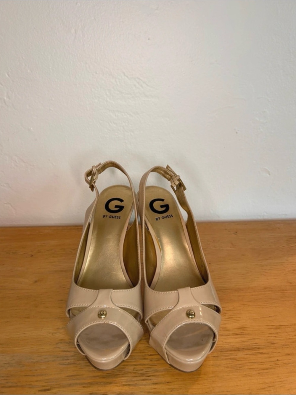 G by Guess Nude Patent Peep-Toe Slingback Heels